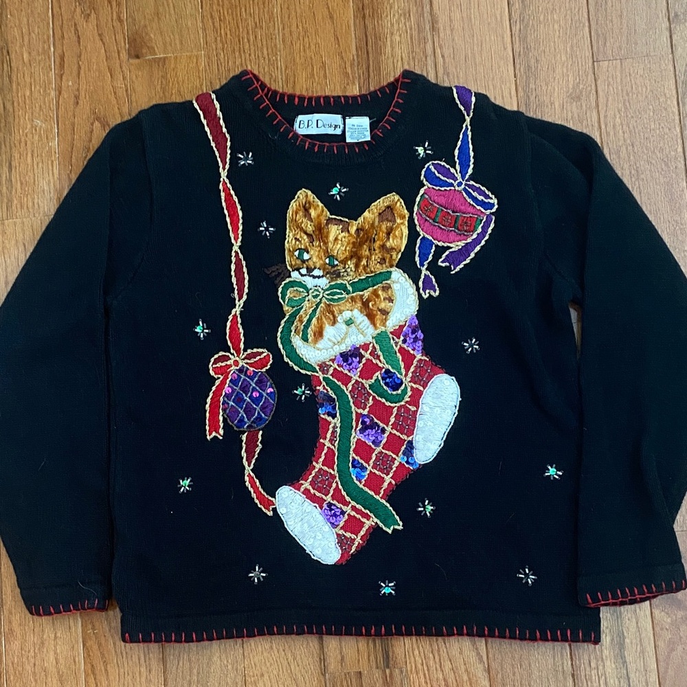 B.P. Designs Vintage 80’s Cat in Stocking Christmas Sweater